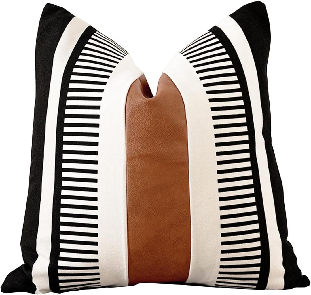 Farmhouse Decorative Throw Pillow Cover for Sofa Couch Accent Faux Leather Square Cushion Cover Tribal Stripe Boho Pillow Case 18 x 18 Inch,Black