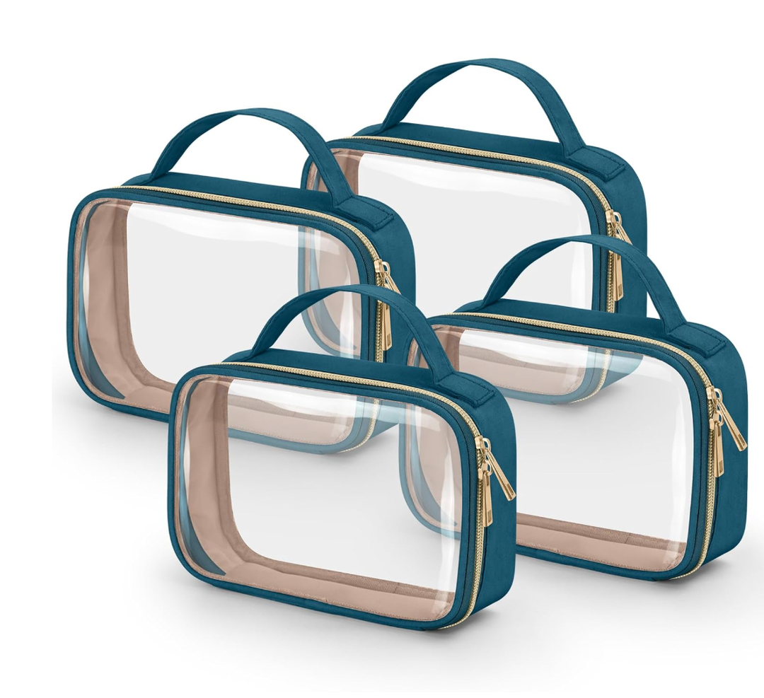 Wedama TSA Approved Toiletry Bag, 4 Pack Clear Makeup Bags with Handles, Quart Size Clear Toiletry Bags, PVC Cosmetic Bags for Women and Men, Carry on Airport Airline Compliant Bag, Til Blue