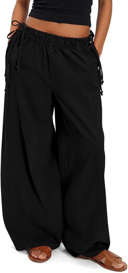 Fisoew Womens Wide Leg Casual Pants Summer Drawstring Elastic Waist Loose Cotton Pants with Pockets (Black, S)