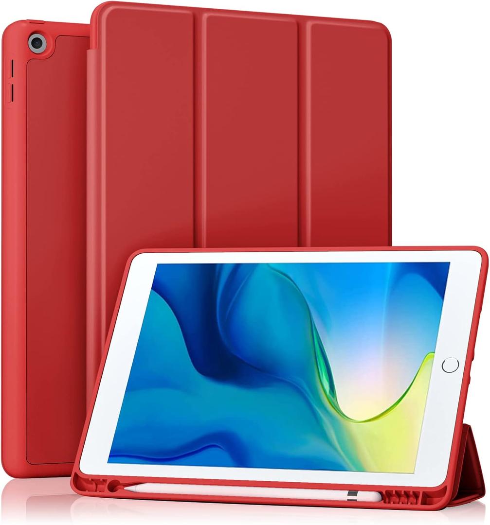 Akkerds Case Compatible with iPad 10.2 Inch 2021/2020/2019, for iPad 9th/8th/7th Generation Case with Pencil Holder, Protective Cover with Soft TPU Back, Auto Sleep/Wake, Red