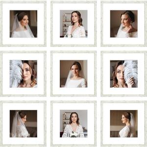 12x12 Picture Frame Set of 9, Display Pictures 8x8 with Mat or 12x12 without Mat, Multi Collage Gallery Square Photo Frames for Wall or Tabletop, Distressed White
