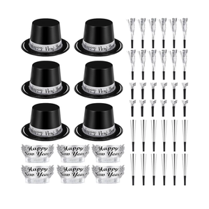 Shappy 48 Pcs New Year's Eve Party Supplies for 12 Guests 2026 Party Supplies Top Hat Headbands Tiara Fringed Noise Makers(Black Silver)