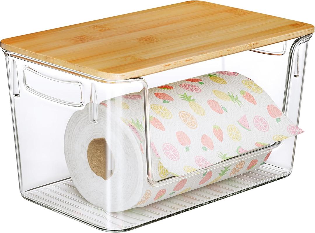 Acrylic Paper Towel Holder with Bamboo Lid, Kitchen Under Sink Organizers and Storage Trash Bag Holder Dispenser