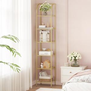Bookcase Bookshelf, Tempered Glass Arched Bookshelf for More Storage, Slim Shelving Unit for Bedroom, Bathroom, Home Office, Steel Frame, 6 Tier Gold BC20699G (11.8"D x 13.8"W x 70.3"H)
