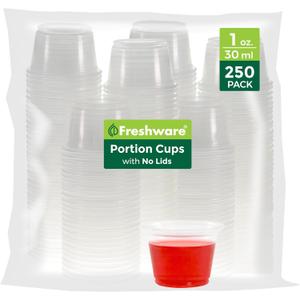 Freshware Plastic Portion Cups (No Lids) [1 Ounce, 250 Cup] Disposable Plastic Cups for Meal Prep, Salad Dressing, Jellos Shot Cups, Souffle Cups, Condiment and Dipping Sauce Cups