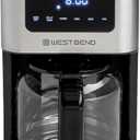 West Bend Drip Coffee Maker Brews Hot or Iced, Programmable with Brew Strength Selector Auto Shut-Off and 6 Functions Permanent Mesh Filter and Glass Carafe, 12-Cup, Metallic