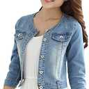 Women's Short Denim Jacket Round Neck Denim Three Quarter Sleeves Light Blue Jacket (Light blue, M)