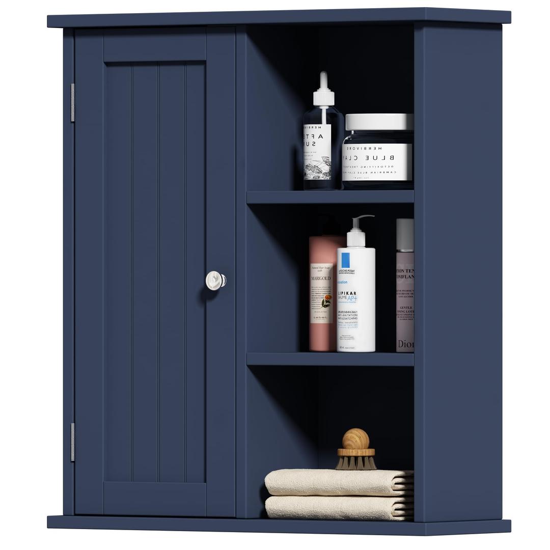Treocho Bathroom Wall Cabinet, Medicine Cabinet with Door and 3 Open Shelves, Wall Mounted Storage Organizer for Bathroom, Kitchen, Living Room, Navy(6.3"D x 21.5"W x 24.02"H)