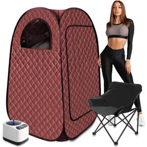 Portable Steam Sauna, Personal Steam Sauna Tent for Home Spa, Full Size Portable Spa Sauna Box with 3L 1000W Sauna Steamer, Large Size Foldable Chair Included, Brown
