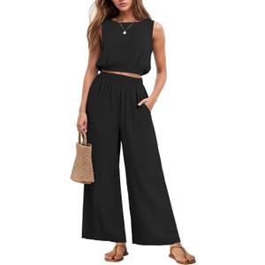 GRECERELLE Two Piece Sets for Women Sleeveless Crop Top Wide Leg Pants Sweat Set for Women Tracksuits 2026 Summer, Small