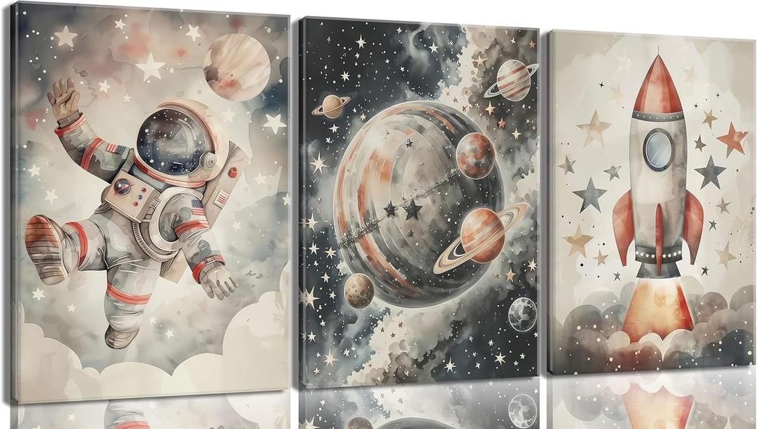 Nursery Space Astronaut Canvas Wall Art Rocket Ship And Astronaut Watercolor Painting Pictures Fun Outer Space Adventure Room Wall Decor Spaceman Planet Universe Posters Prints Artwork Framed (16"L x 12"W)