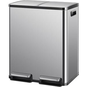 Homee 16 Gallon Trash Can Soft-Close Lid, Recycling Kitchen Trash Can with Foot Pedal and Removable Inner Bucket, 60 Liter Stainless Steel Waste Bin