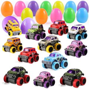 JOYIN 12 Pcs Easter Eggs Filled with Pull Back Monster Cars, Easter Trucks Cars for Kids Egg Hunt, Basket Stuffers Filler and Classroom Prize Supplies, Party Favors