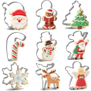 Christmas Cookie Cutters Set - 9 Pieces - Christmas Tree, Gingerbread Man, Snowflake, Snowman, Angel, Santa Face, Santa Claus, Candy Cane, Reindeer Shapes, Stainless Steel Metal Biscuit Cutter Molds