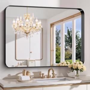 48x36 Inch Bathroom Mirror, Brushed Black Deep Frame Wall Mirror with Rounded Corners, Anti-Rust Tempered Glass for Modern Farmhouse Vanity (Horizontal/Vertical)