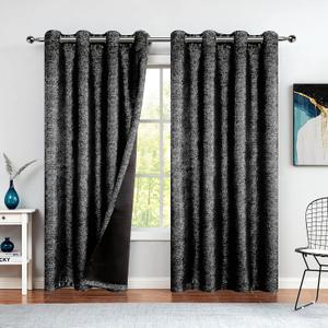 Bujasso Metallic 85% Blackout Curtains Black Room Darkening Curtains 2 Panels Luxury Sparkle Thermal Insulating Light Blocking Window Panels for Living Room Bedroom Grommet Top W52 xL95