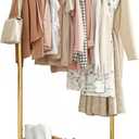 Clothes Rack - Clothing Rack with Storage Mesh Shelf & Casters, Heavy-Duty Metal Clothing Rack for Hanging Clothes, Dresses, Coats, Large Load Capacity, Easy Assembly, Gold, 28.0"x16.9"x59.0"