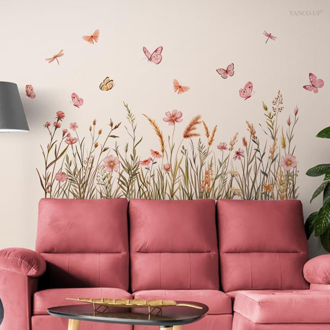 Boho Flower Wall Decals Foxtail Grass Plants Wildflower Floral Leaves Butterflies Dragonflies Wall Stickers for Bedroom Living Room Wall Art Dcor