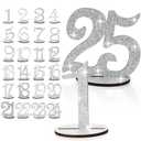 Glitter Table Numbers 1-25 Wooden Table Numbers for Wedding Reception Standing Seat Place Cards with Holder Base for Wedding Party Event Catering Receptions Banquets(Sliver)