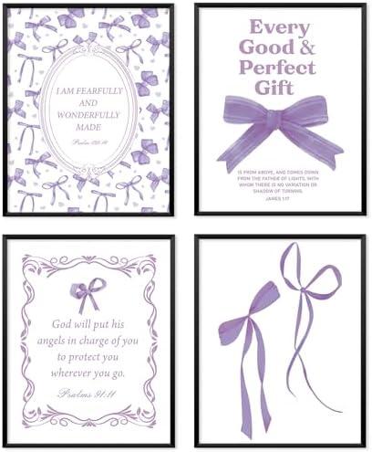 Locomiss Purple Christian Coquette Preppy Wall Art Posters, Preppy Girly Room Decor, Coquette Purple Bow Bible Verse Posters for Home Girls College Dorm Bedroom Decor, Set of 4 (8x10 Unframed)