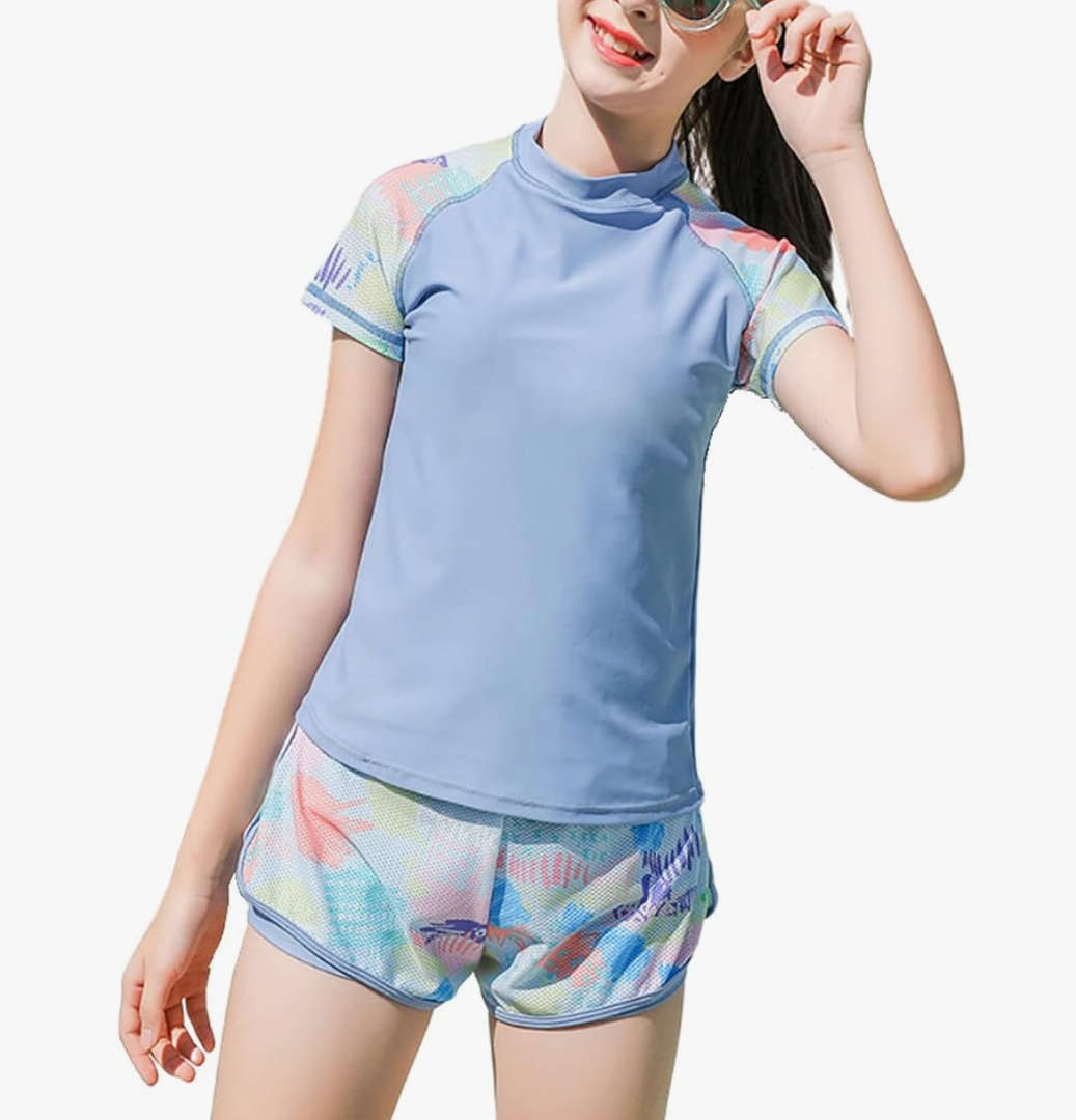 Girls Rash Guard Set 2 Piece Swimwear for Girls Swimsuits UPF50+ Sun Protection Bathing Suit 9-10Y