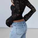 Women's Lace Long Sleeve Going Out Tops Sexy Y2K Crew Neck Cutout Double Lined Slim Night Out Shirts (Black, L)