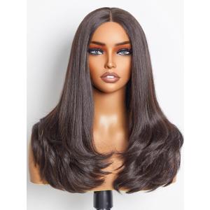 GORGIUS Glueless Short Wavy Wig Dark Brown Loose Curly Wig Shoulder Length 18 Inch Middle Part 180 Density Put On Go Wigs Pre Plucked with Natural Hairline Fiber & Remy Human Hair Blend