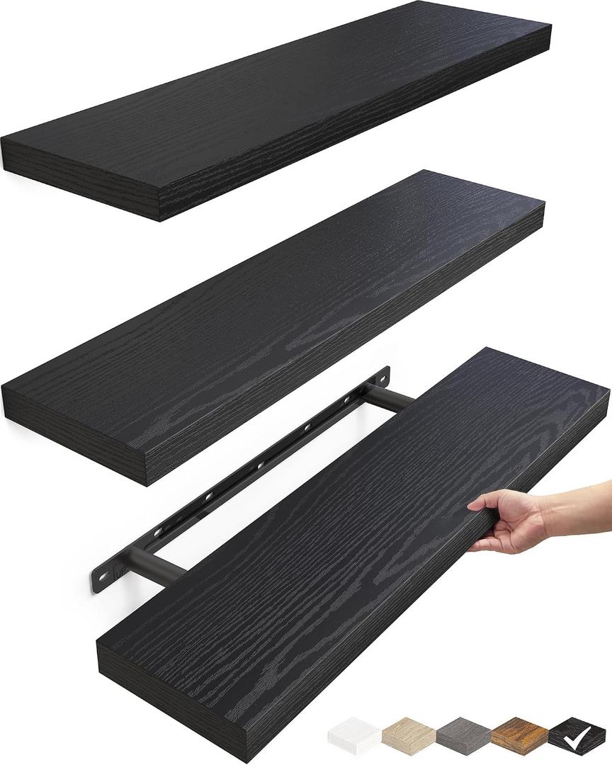 BAYKA Black Floating Shelves 22.5in, Set of 3, Wall Mounted for Wall Decor
Easy Install, 22lbs Max Load, Hidden Bracket, Shelving for Bathroom Bedroom Kitchen Display Storage, Multi-Wall Compatible