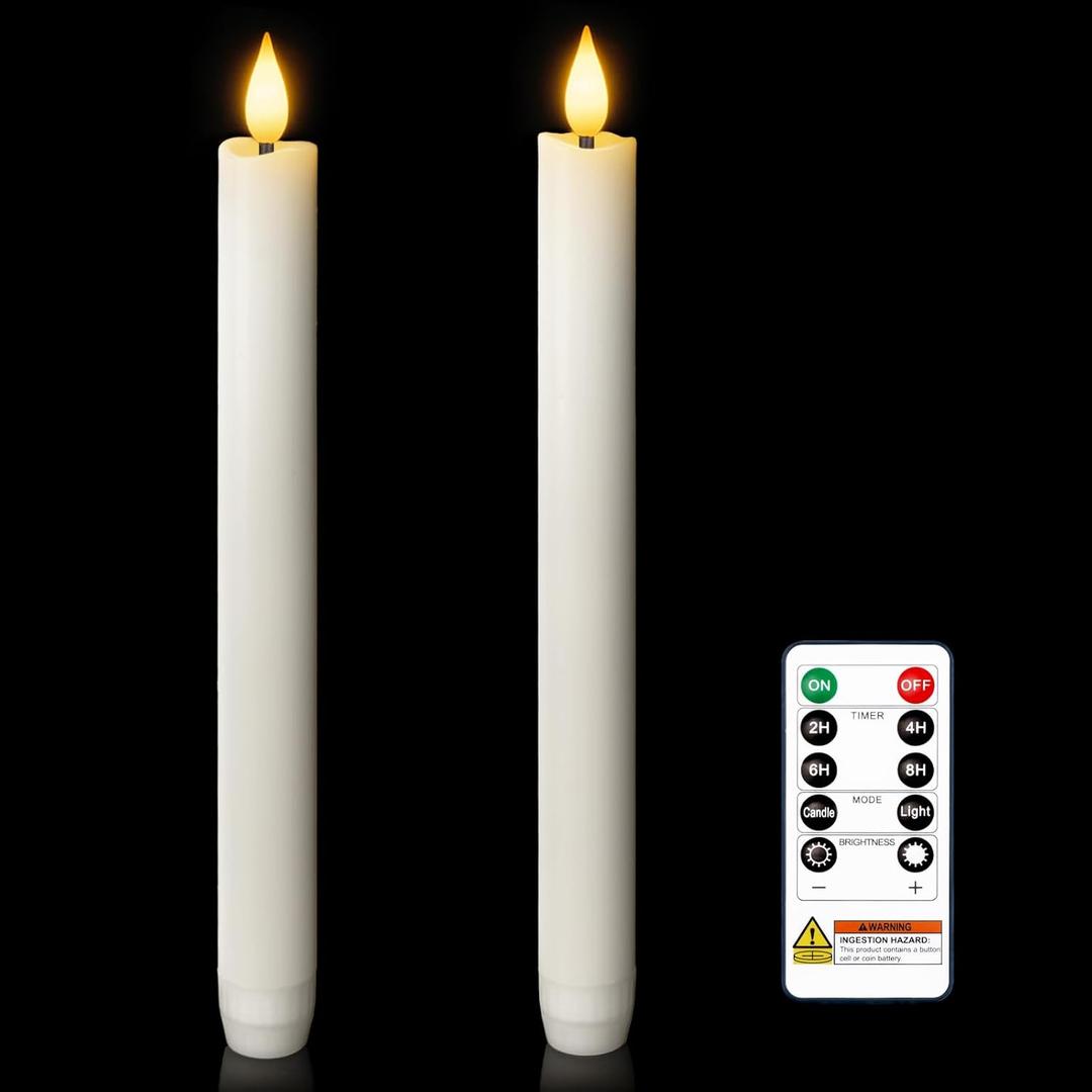 Homemory 2 Pcs White Flameless Taper Candles with Remote and Timer, Real Wax Made 9.6" Battery Operated Candle Stick Flickering, Led Taper Candles with Lifelike Flame for Indoor Home Decor