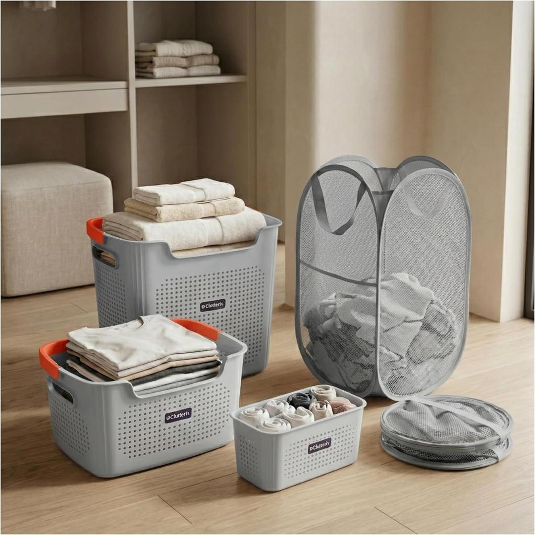Laundry Basket Set with Handles, 3 Ventilated Plastic Baskets (30L, 17L & 4L Clip-On) and 55L Collapsible Mesh Hamper, Nestable Storage Design (Gray), Standard Size