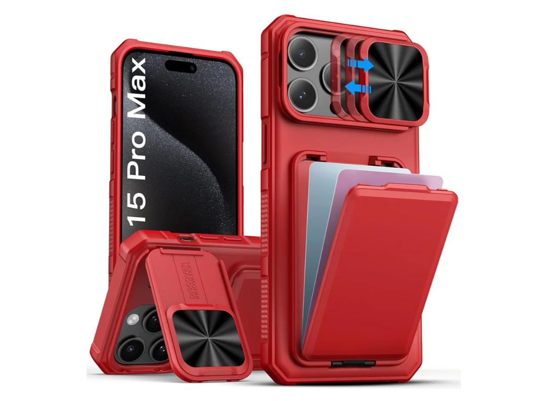 SSLOTSCASE for iPhone 15 Pro Max Case with Credit Card Holder & Stand & Slide Lens Cover & Kickstand, Multi Functional Wallet Sturdy Protective Phone Case Cover for iPhone 15 Pro Max 6.7'' 2023, Red