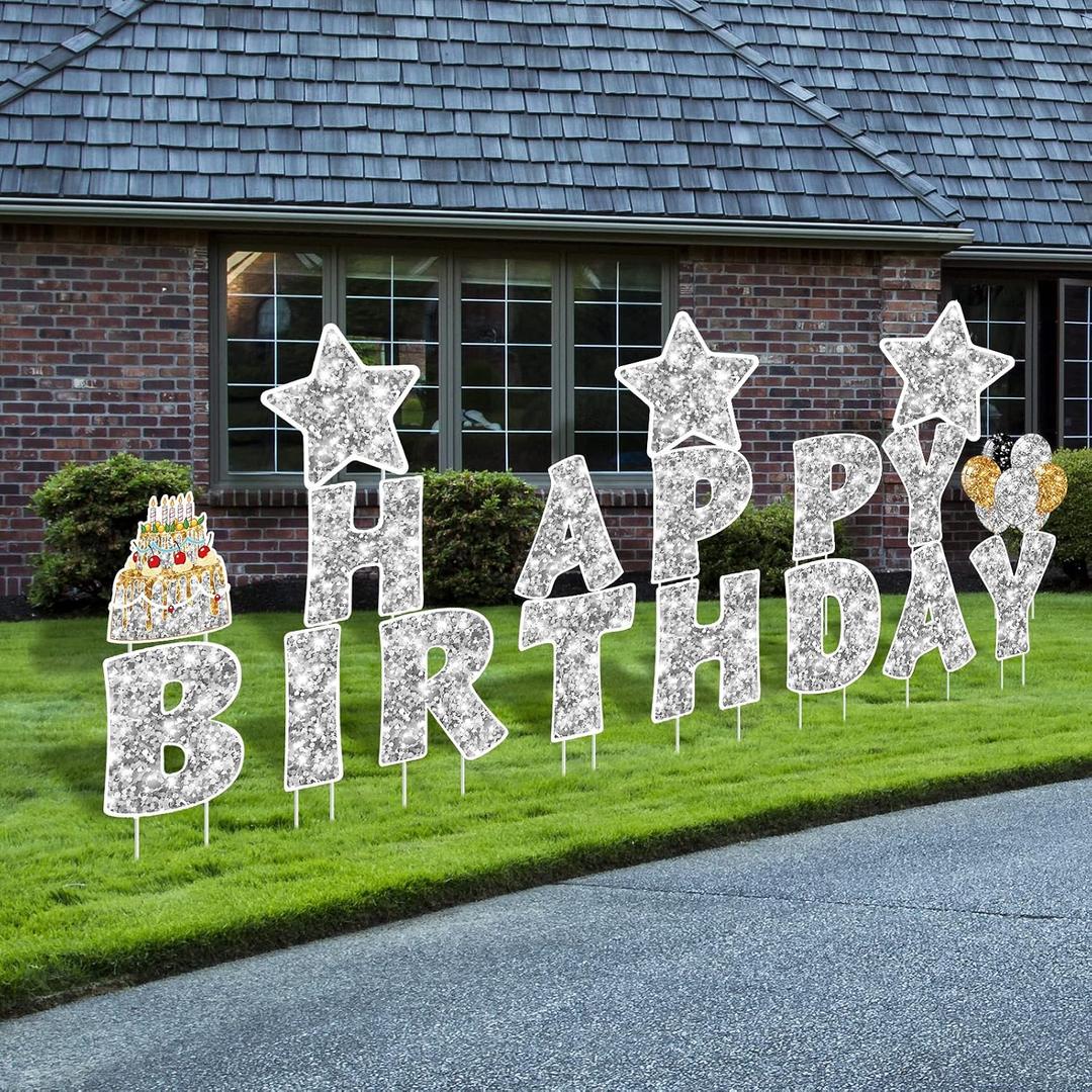 Jetec 18 Pieces Happy Birthday Yard Signs with Stakes, 16 Inches Birthday Outdoor Lawn Signs, Cake Balloon Patio Decorations, Garden Lawn Decorations for Party Outdoor Decor(Silver)