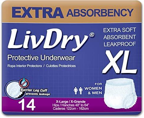 LivDry Adult XL Incontinence Underwear, Extra Absorbency Adult Diapers, Leak Protection, X-Large, 14-Pack