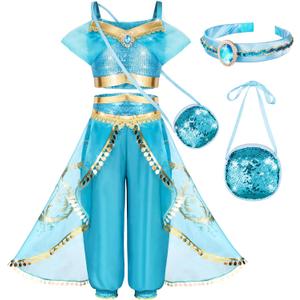 Arabian Princess Costume for Toddler Girls - with Sequin Small bag, Headband (8-9 Years, Blue 51)