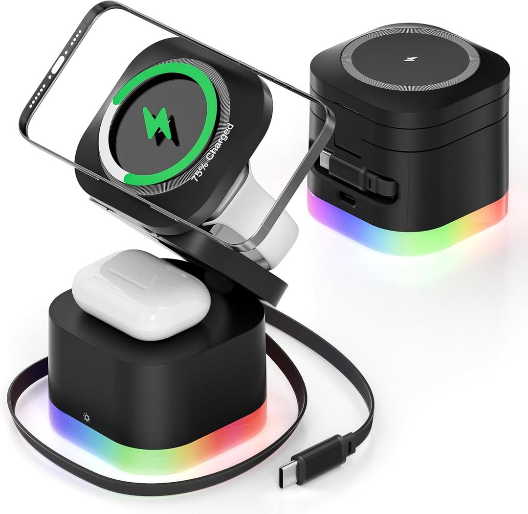 Magnetic Wireless Charger Stand for Bedrooms, 5 in 1 Wireless Charging Station,Charger with Night Light Bedside for iPhone16/15/14/13/12 Series, Apple Watch, AirPods (Only for Apple Users)
