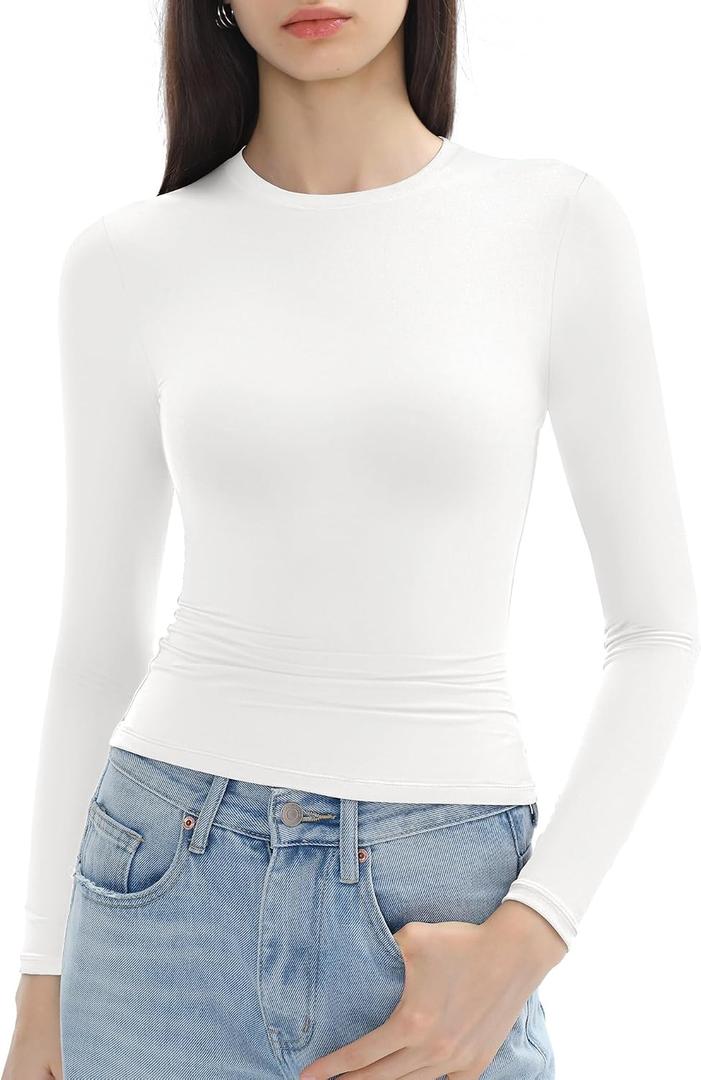 Women's Long Sleeve Shirts Crew Neck Slim Fit Going Out Tops Basic Tees Barely There Collection (White, XL)