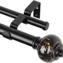 KAMANINA 1 Inch Double Curtain Rod 66 to 120 Inches (5.5-10ft), Black Telescoping Curtain Rods for Windows 54 to 115 inches, Heavy Duty Dual Drapery Rods with Marbled Finials