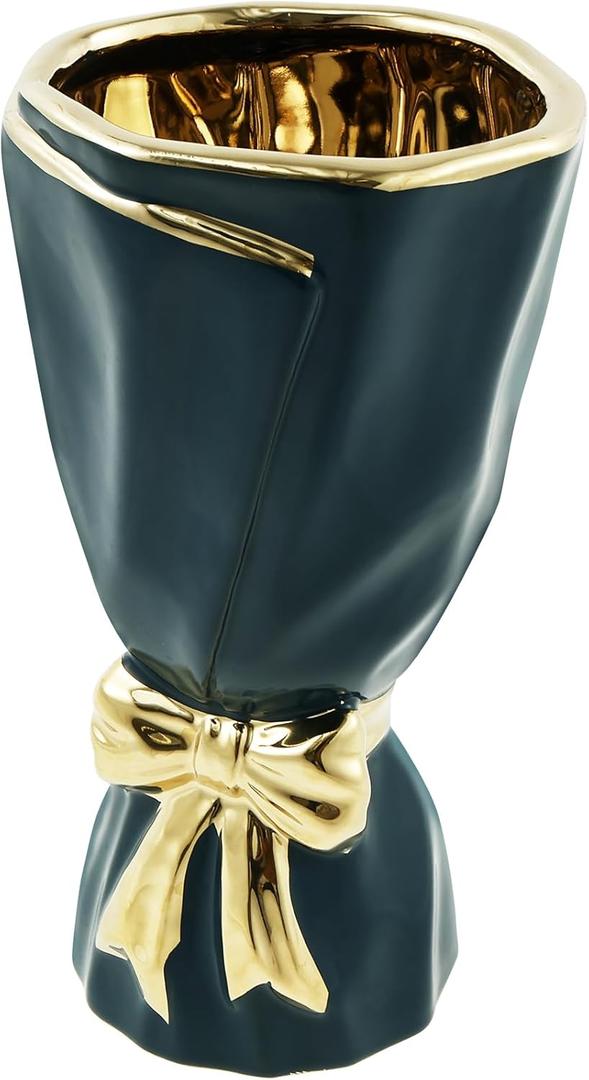 24cm Bow Vase Dual Glazed Ceramic Bow Tie Vase, Handmade Boho Style for Fresh & Dry Flowers, Large Table Decoration Bouquet Holder (Green)