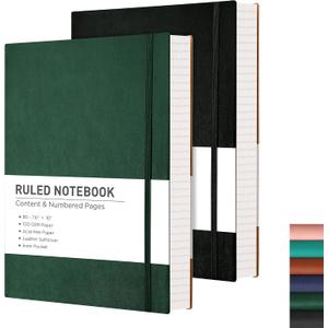 RETTACY Lined Journal Notebook, 2-Pack, 204 Numbered Pages per Pack, B5 Medium 7.6" 10", Leather Softcover, 100 GSM Thick Paper, for Writing, Work, School (Black & Dark Green)