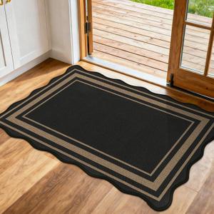 SHACOS 2x3 ft Washable Indoor Door Mat Scalloped Non Slip Woven Texture Geometric Farmhouse Modern Carpet for Porch Entryway Hallway Kitchen Indoor Outdoor Patio Black