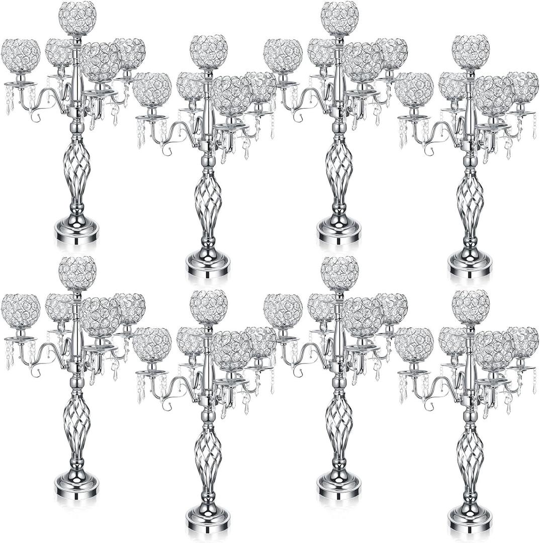 Nitial 8 Pcs 5 Arm Crystal Candelabra Centerpieces for Table 27 Inch Retro Victorian Crystal Candle Holders Bowl Table Centerpieces Decor for Wedding Banquet Valentine Dinner Party Event (Silver)