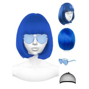 Blue Wig and Party Sunglasses, Color Bob Wig, Cosplay Wigs and Party Wigs, Rainbow Wig with Neon Glasses Blue Wig for Women - Bachelorette Party Wigs Decorations Favors (Blue)