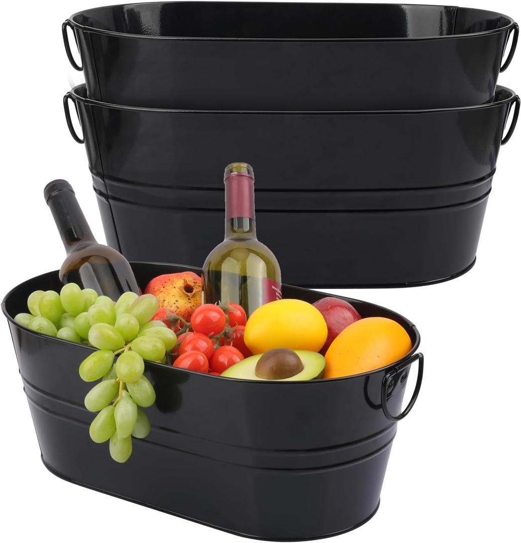 3 PCS 15.3 x 9 x 6 inches Black Metal Galvanized Tub with Handles, 3 Gallon Beverage Tubs for Parties, Large Ice Buckets for Beer, Wine, Cocktails & Outdoor Events