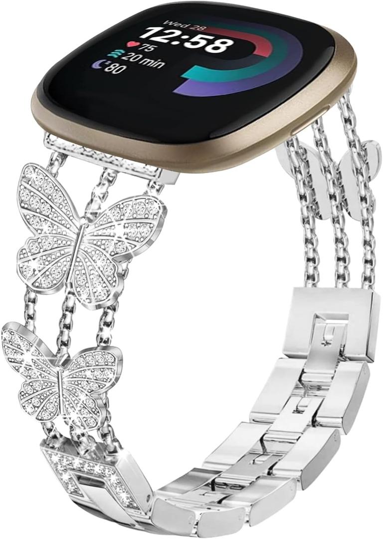 Bling Band, Compatible for Fitbit Versa 2/1/Lite/SE, 22mm Diamond Butterfly Stylish Women Strap Replacement for Fitbit Versa Smartwatch