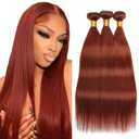 Auburn Bundles Human Hair Color 33 Straight Bundles 18 20 22 Inch Huxowax Brazilian Virgin Remy Hair Extensions Double Weft Soft and Silky Copper Brown Straight Bundle Hair Weave 300g