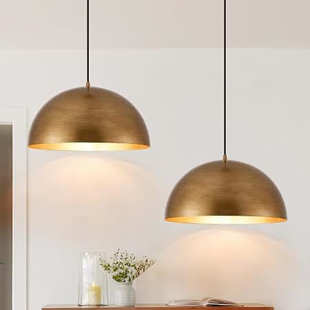 Ludil 16" Dome Gold Pendant Light, Farmhouse Pendant Lights for Kitchen Island, Modern Adjustable Hanging Lamp for Dining Room Living Room Hallway Cafe Bar 2 Pack