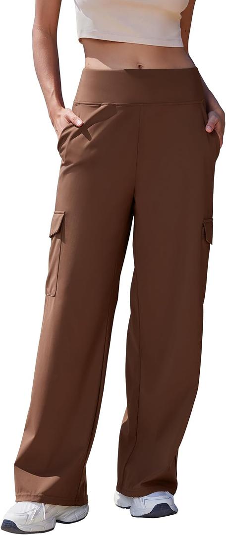 MOOSLOVER Women Wide Leg Dress Pants Stretch Pull On High Waisted Work Pants Business Casual Trousers with Pockets (Brown, L)