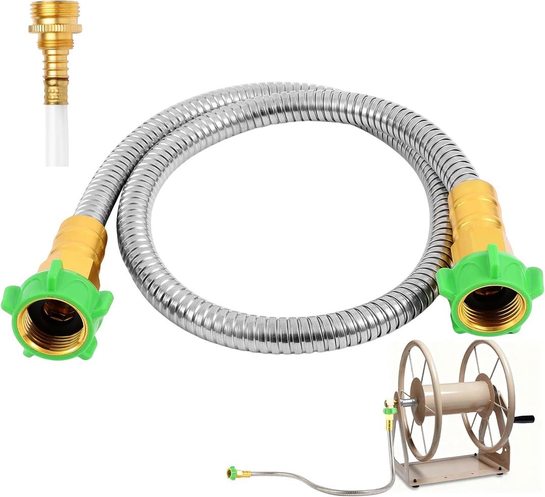 Short Metal Garden Hose with Female to Female Connector Stainless Steel Small Leader Hose for Hose Reel, Outdoor Water Hose Extension Adapter (2 ft)