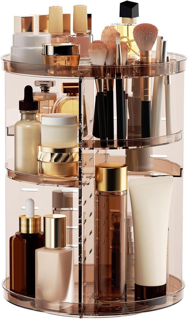 Rotating Makeup Organizer Countertop, DIY Adjustable Trays Spinning Skincare Organizers, Cosmetic Display Shelf with Perfume & Brush Holder, Multi-Function Desk Storage Carousel for Vanity Bathroom (Clear Coffee)