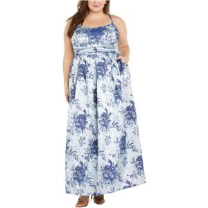 Juniors Long Floral Brocade Ball Gown W/Spaghetti Straps & Cut Out Back (18 Plus, Blue)